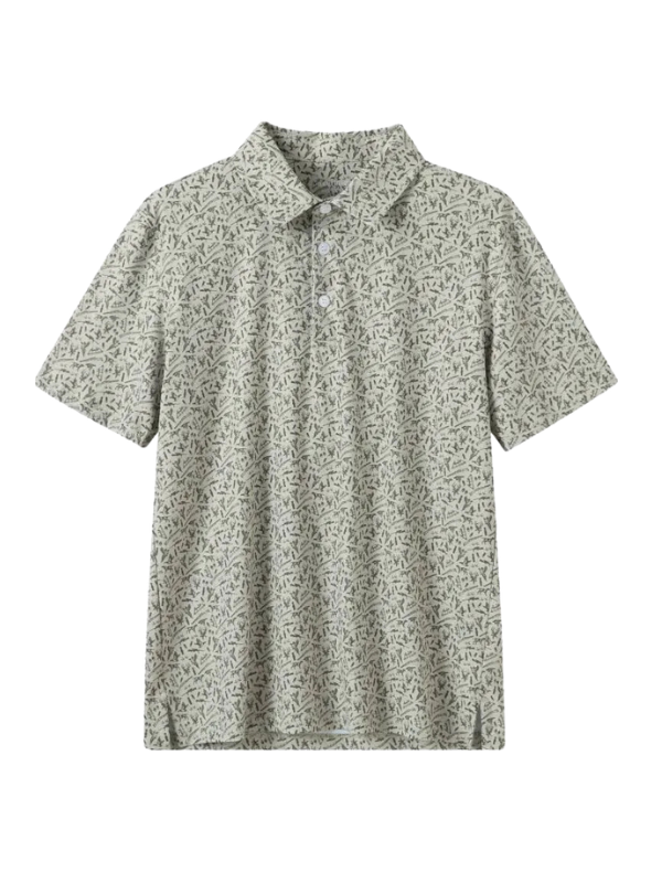 This short sleeve polo features an allover abstract grass-outdoorsy inspired print in soft neutral green tones for a subtle outdoorsy look that still feels polished.