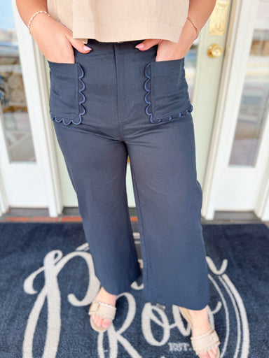 Navy wide leg pants with scallop pockets 