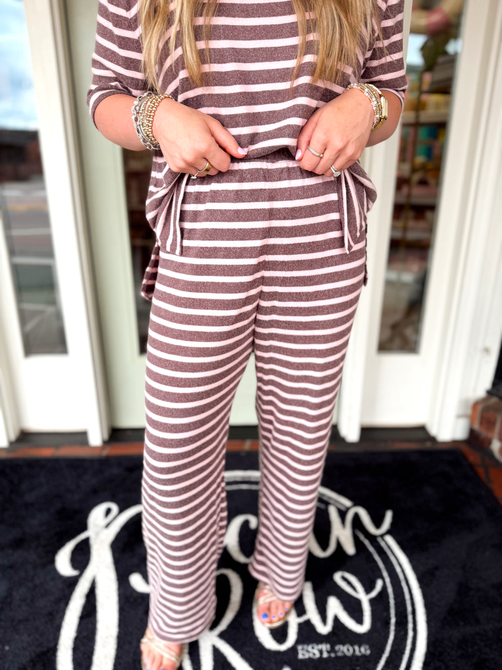 Mauve and brown striped straight leg pants
