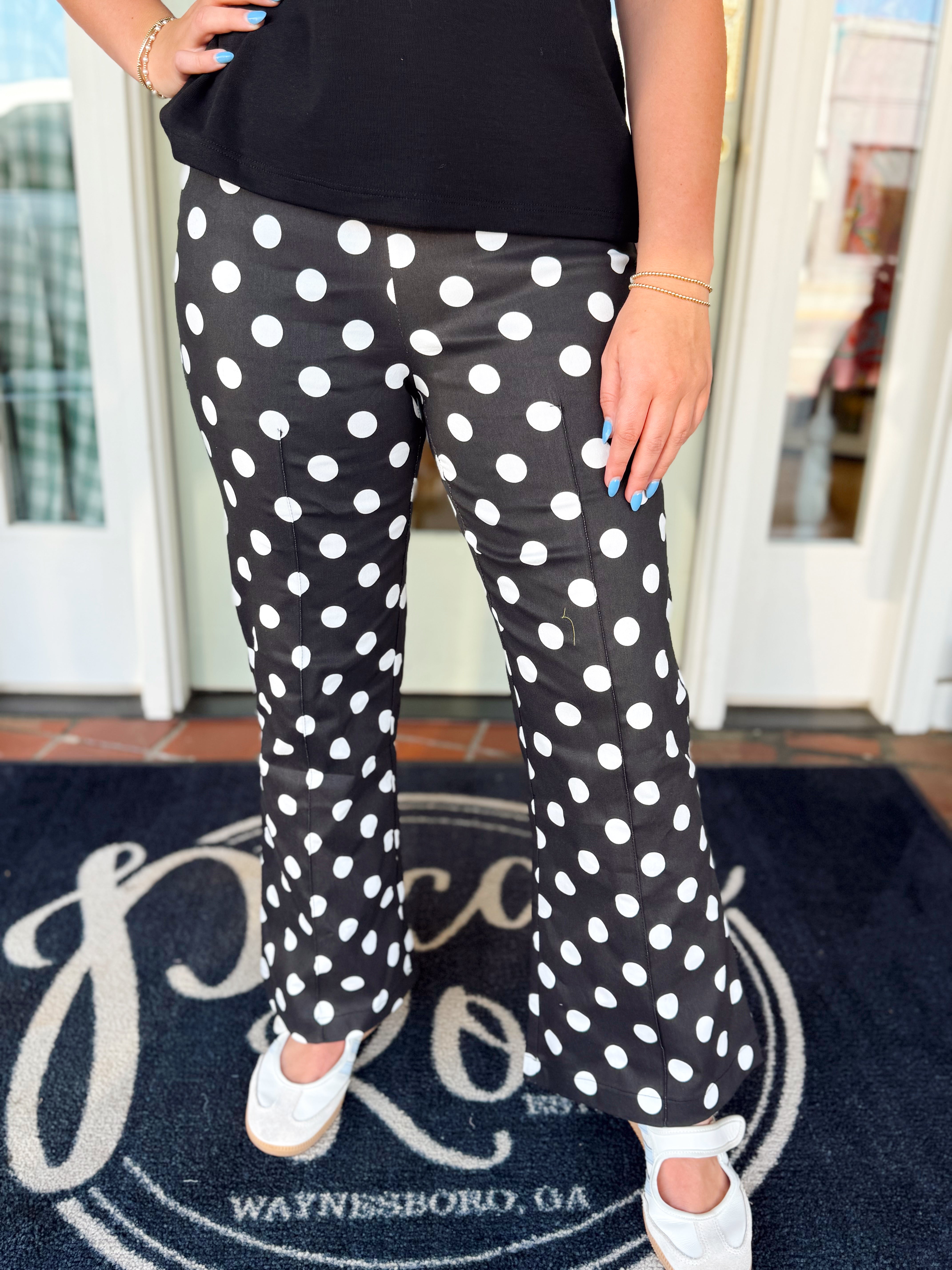 Cropped length black and white polka dot pants 