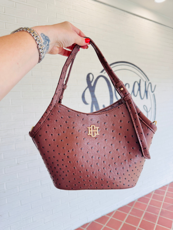 Brown Saddle textured bag with long strap