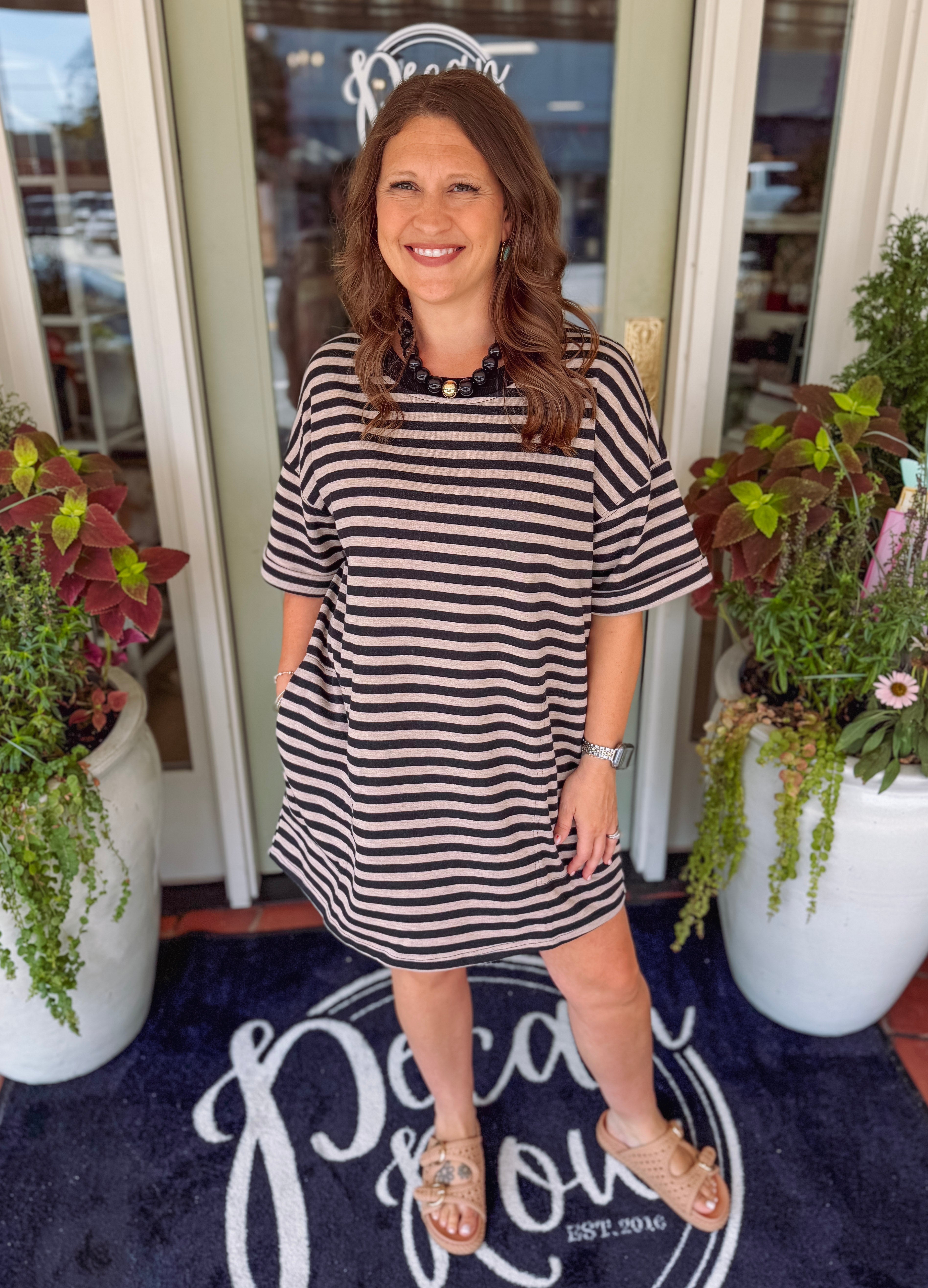 Black and taupe striped oversized dress with pockets