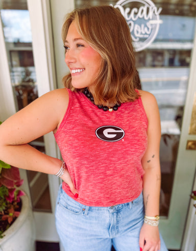 Cropped red tank with ribbed detailing with a Georgia G on the front 