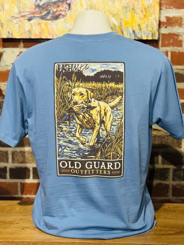 dog with bird in his mouth on a blue tee