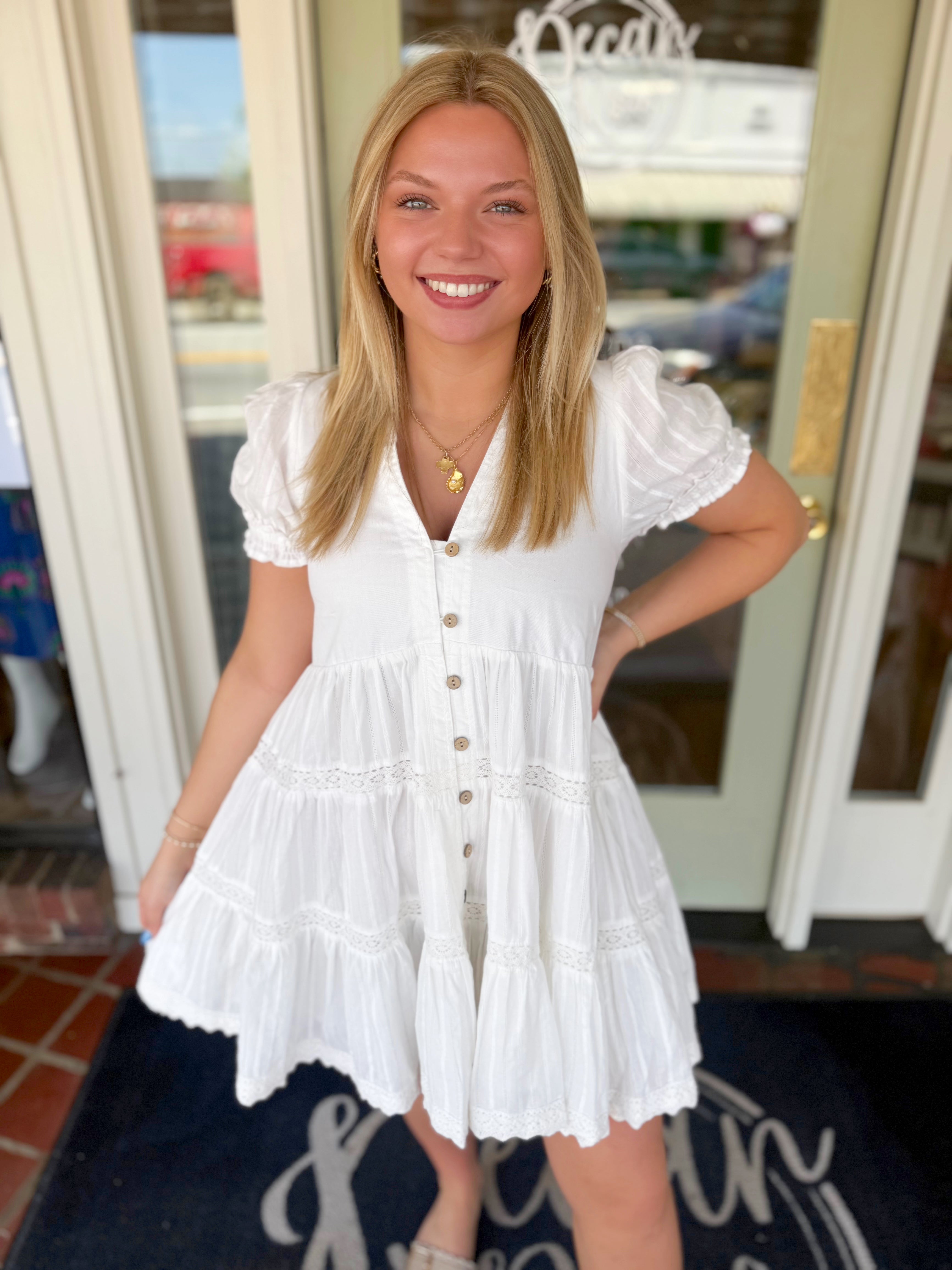 White babydoll button down front mini dress