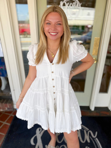 White babydoll button down front mini dress