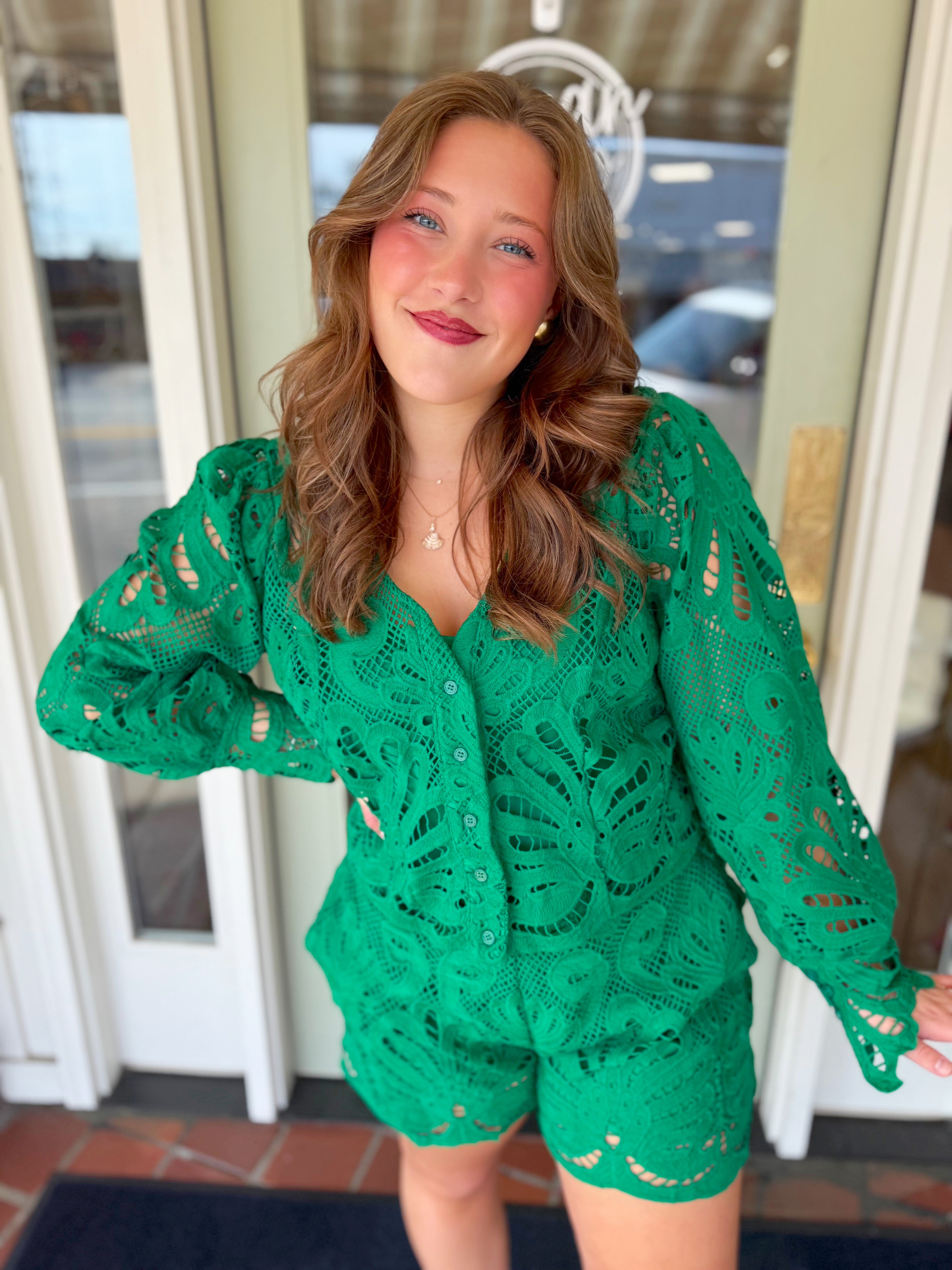 Green lace v-neck top 