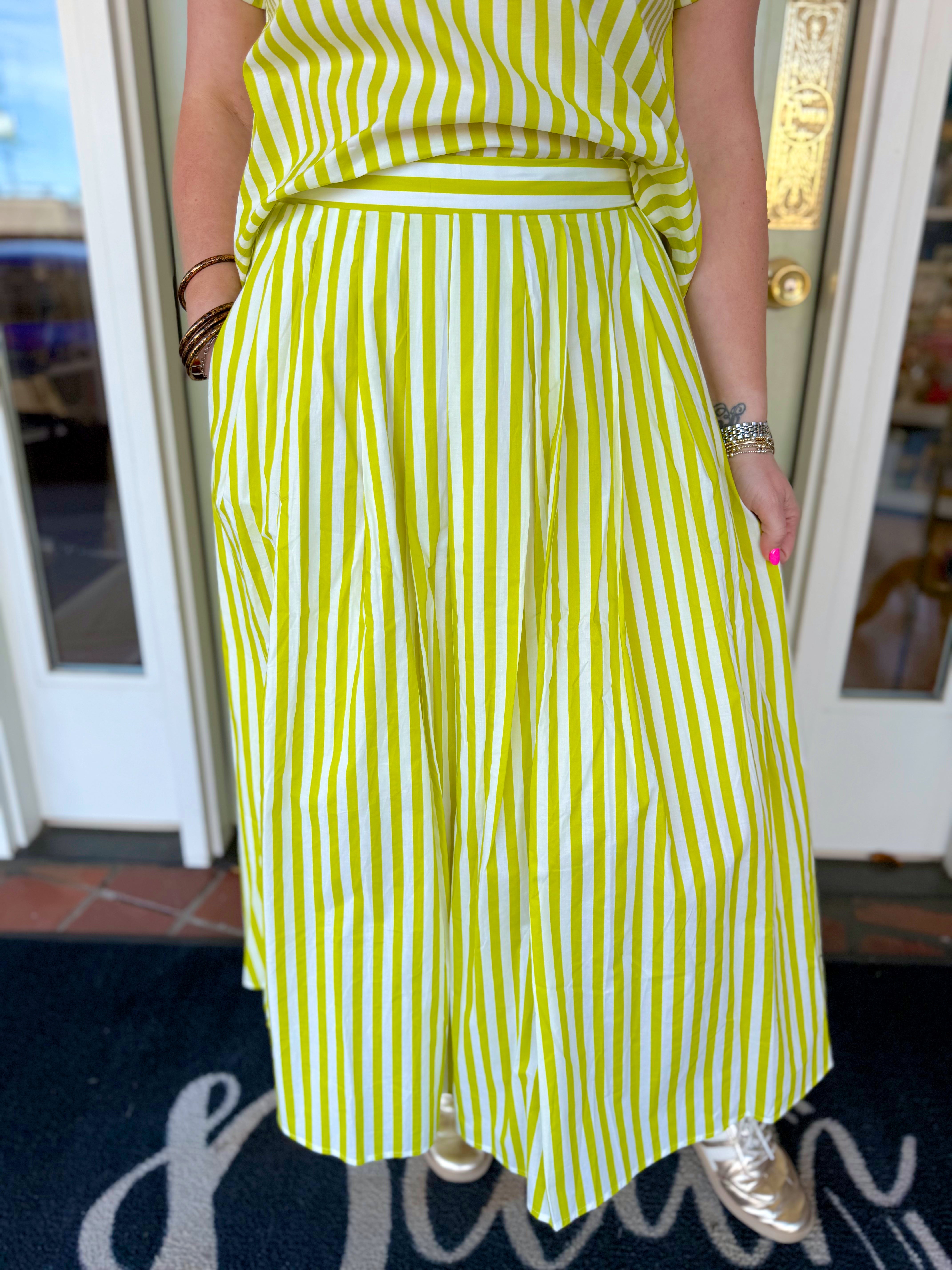 Chartreuse and white striped skirt 