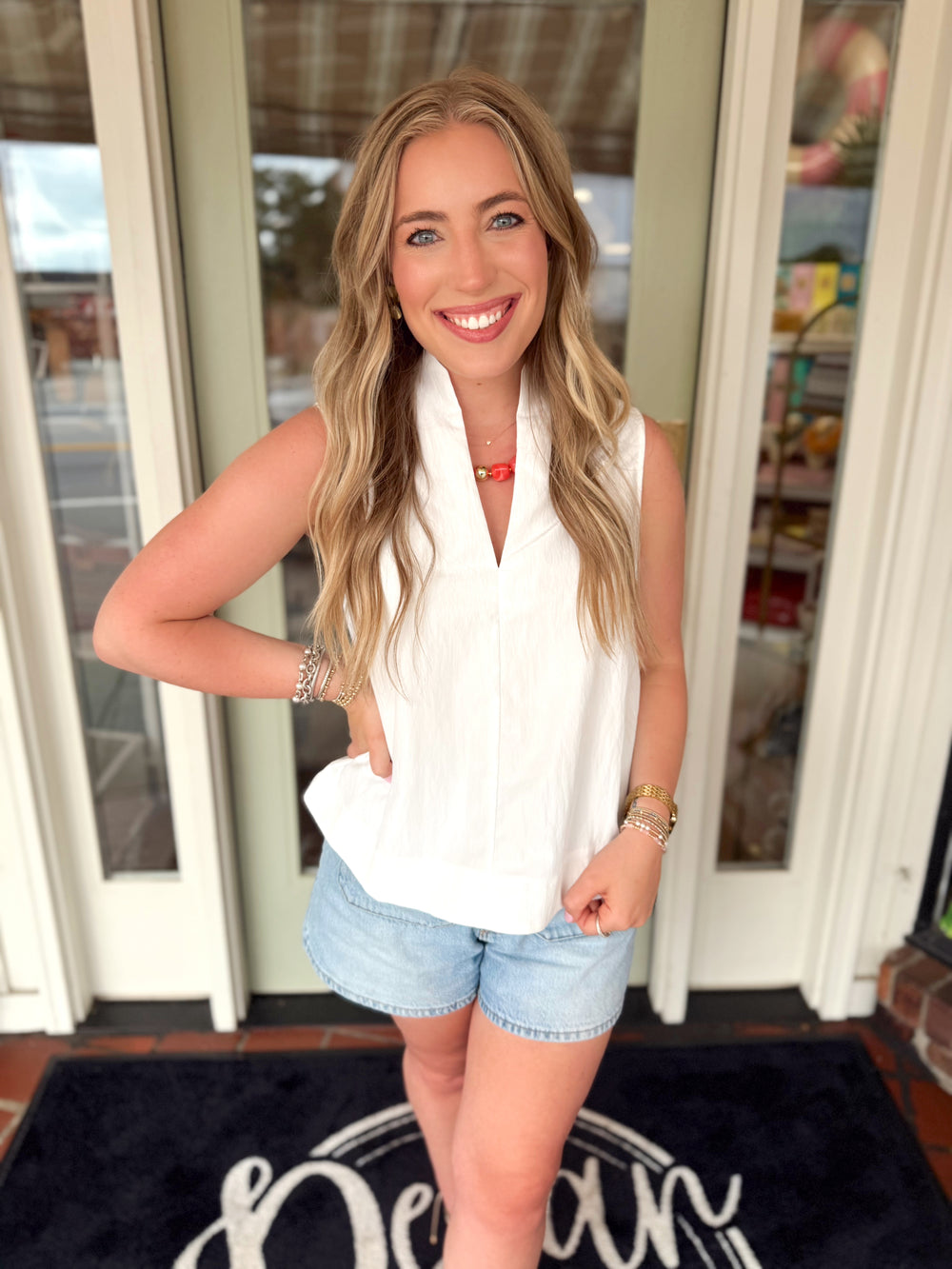 White v-neck top with texture