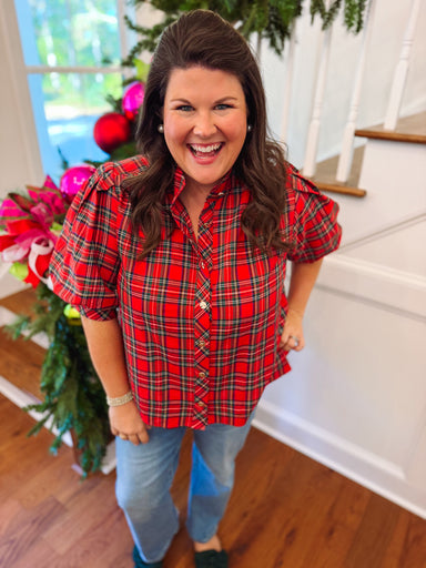 short sleeve plaid top with gold buttons down the front 