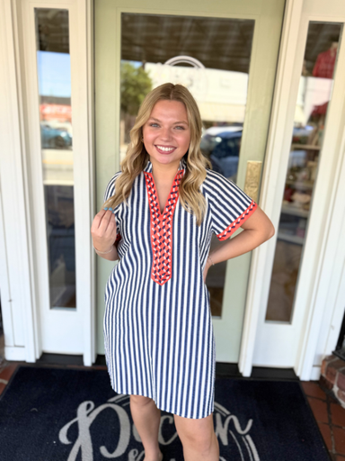 blue and white seer sucker dress