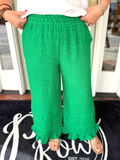 Green wide-leg ruffle pants with a textured pattern