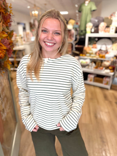 Green and cream striped one button neck long sleeve top 