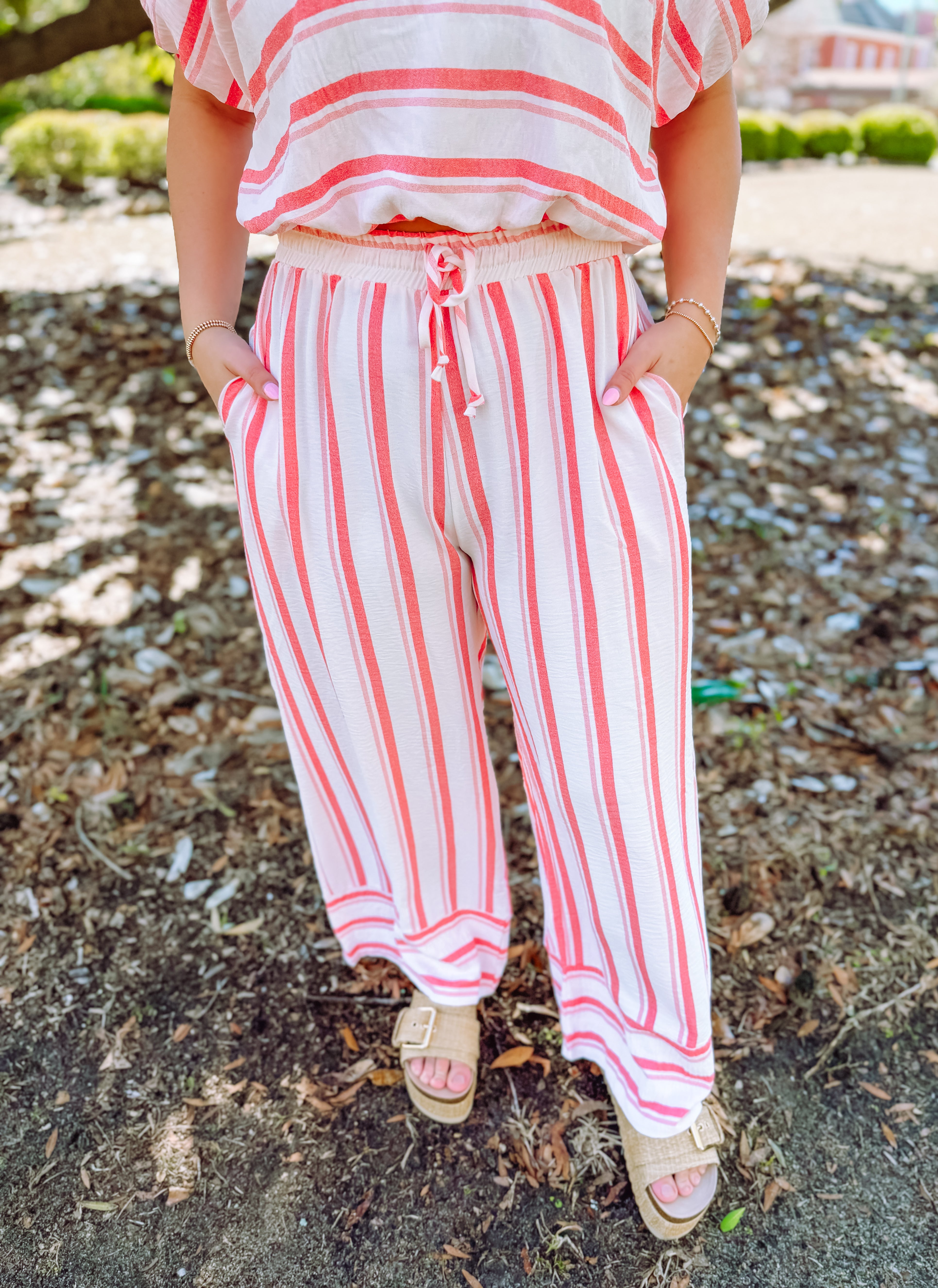 Stripe drawstring pants with elastic waist 