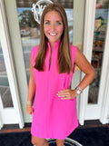 Hot pink mini dress with sleek stand collar 