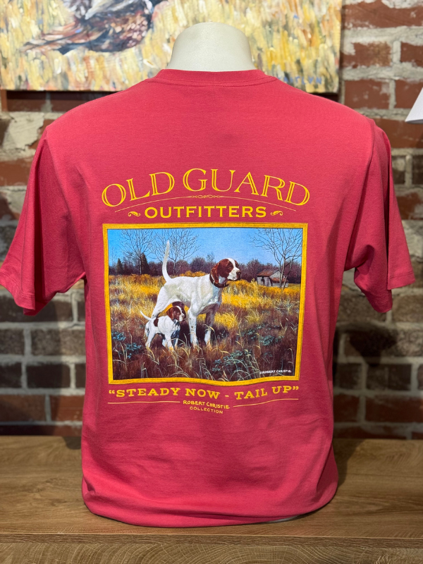 red standing pointer dog tee