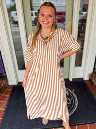 Striped collared midi dress in taupe