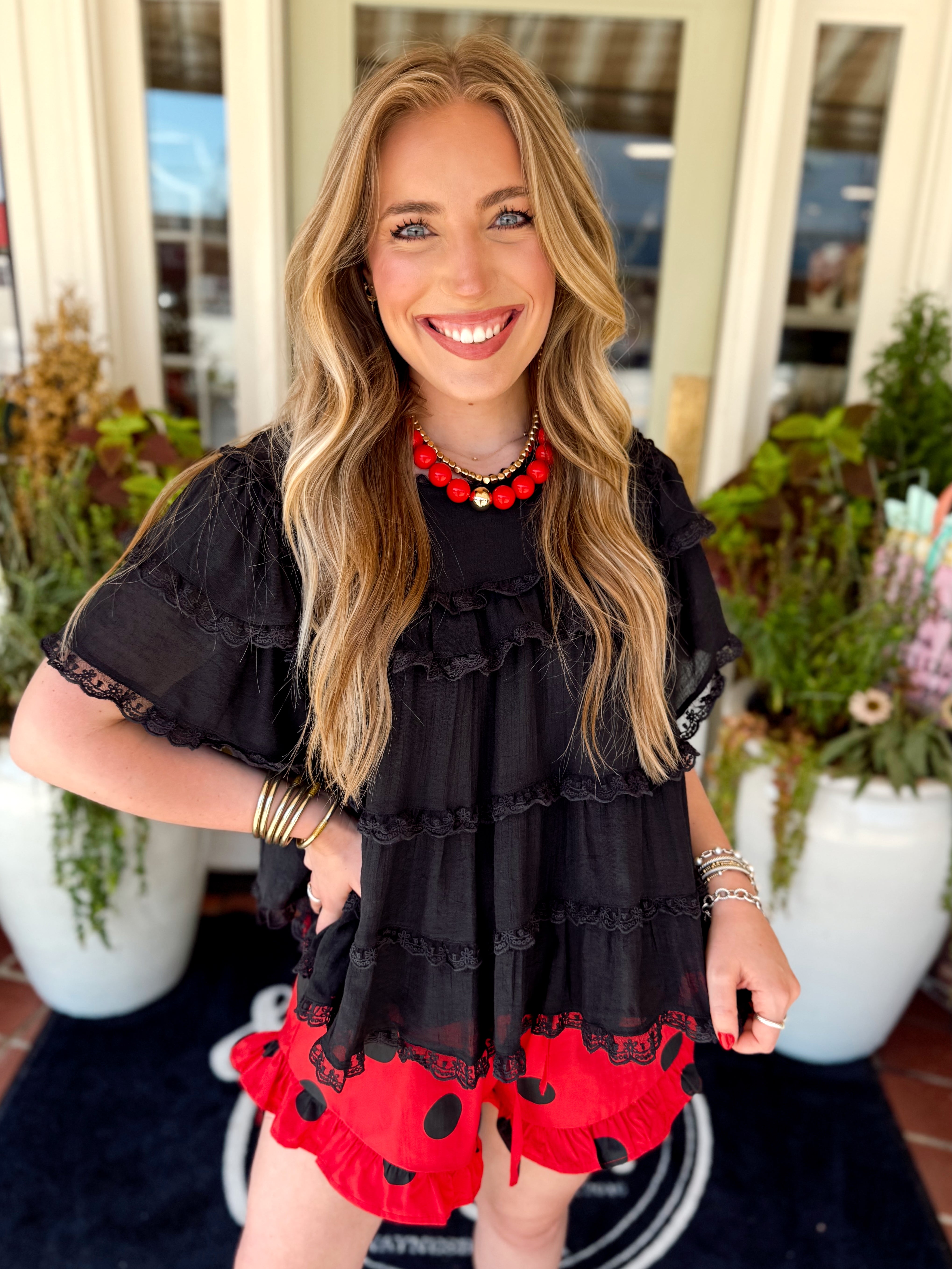 Black flowy ruffle lace trim swing top 
