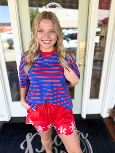 blue and red striped tee 