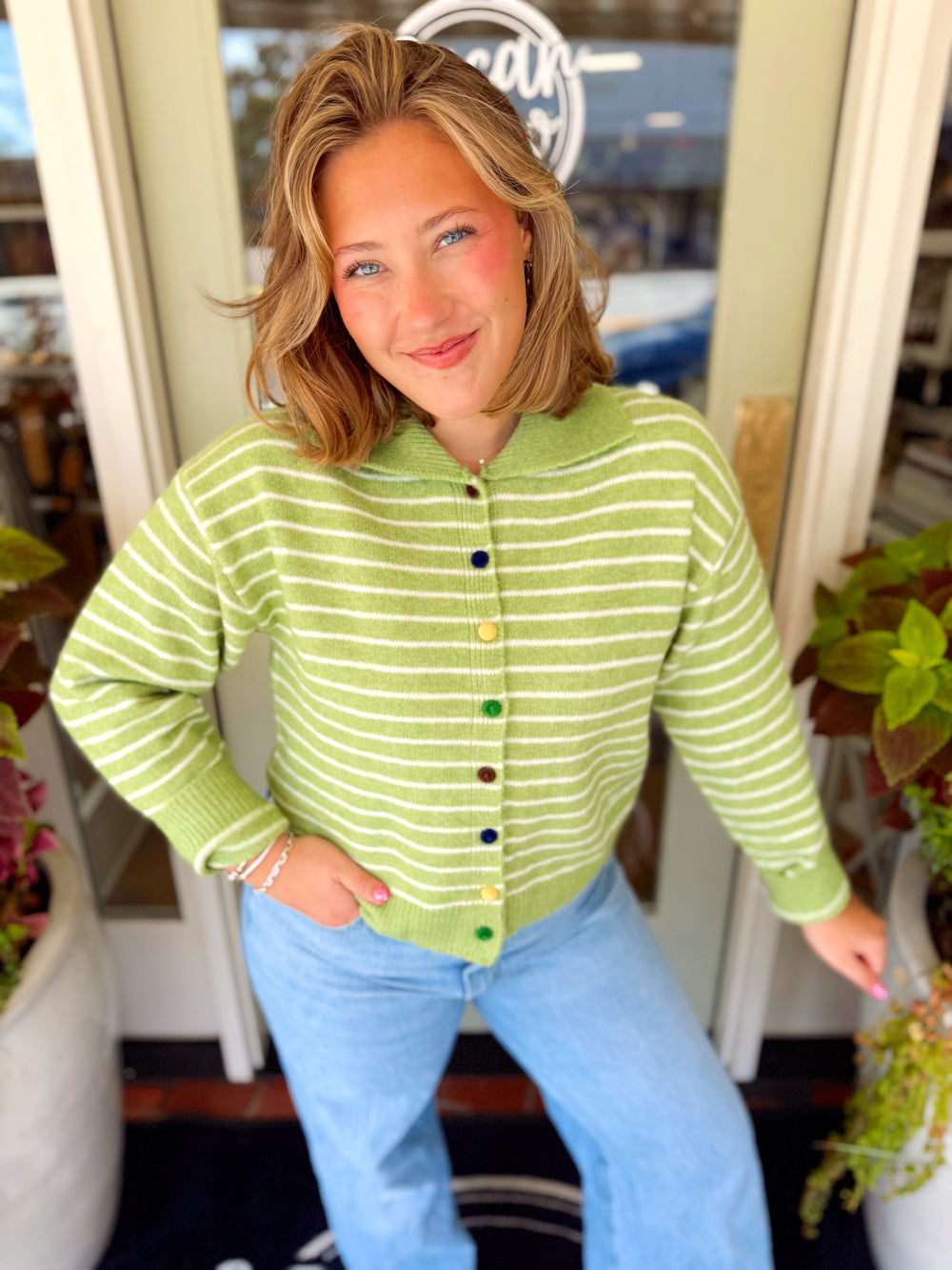 Green striped cardigan sweater top with multi colored buttons