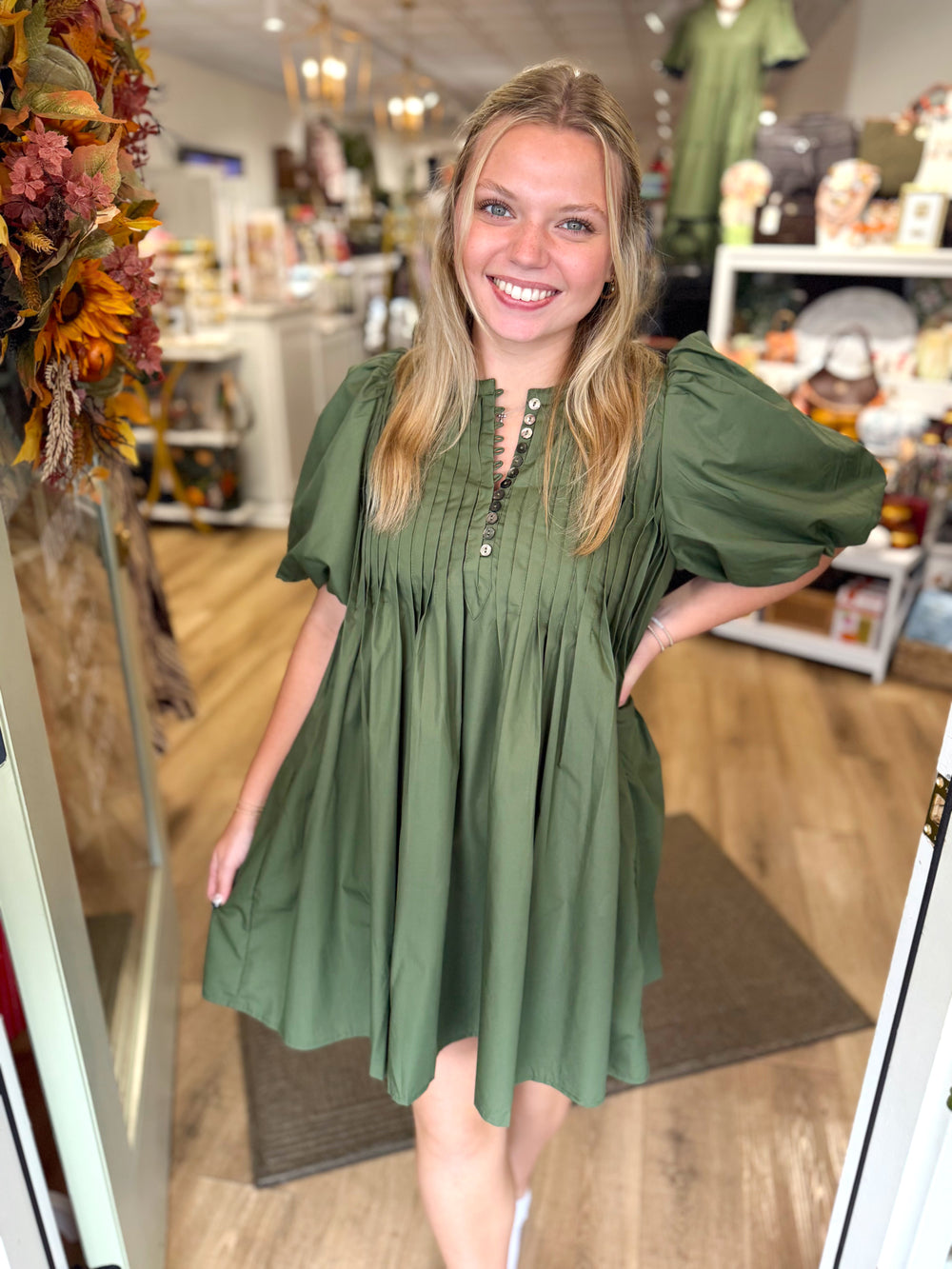 Olive green Pleated Button top with puffy sleeves dress 