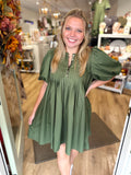 Olive green Pleated Button top with puffy sleeves dress 