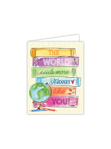 Greeting card with colorful text and globe illustration on a white background
