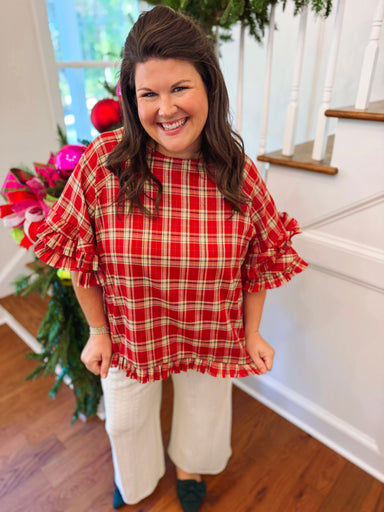 gold and red plaid ruffle top and bottom trimmed top 