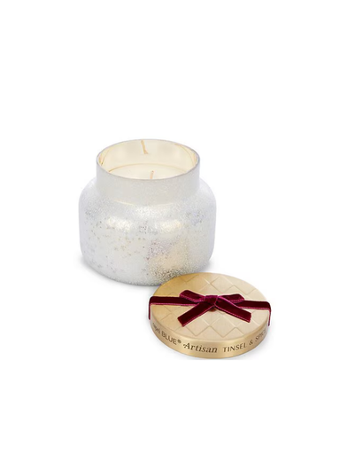 frosted candle with gold and plum velvet ribbon 