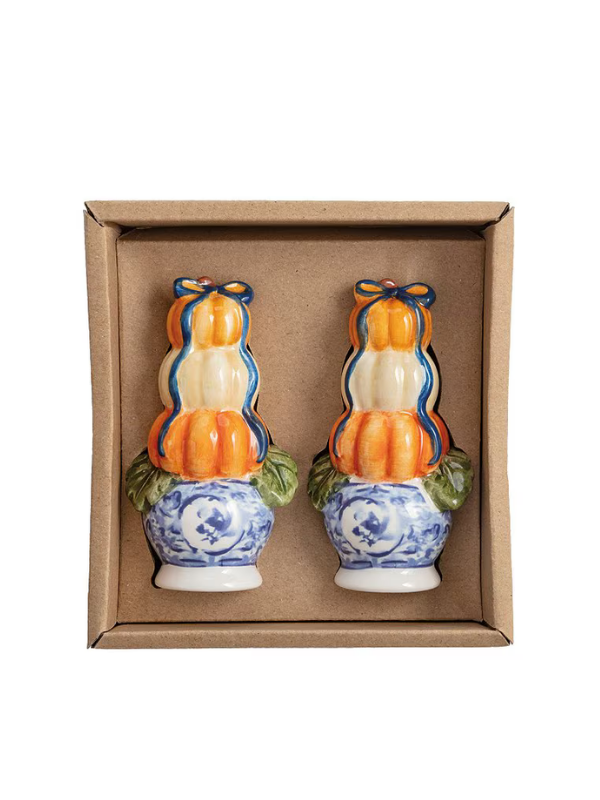 blue and orange Topiary Pumpkins Salt & Pepper Shakers