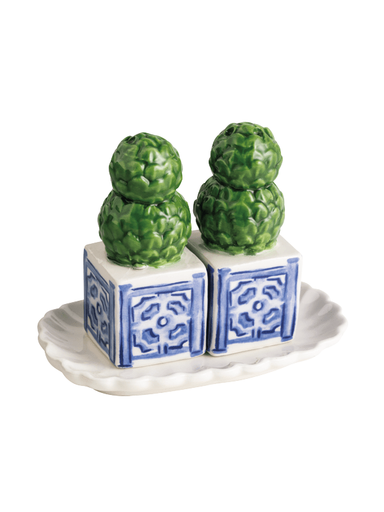 Topiary Salt and Pepper Shaker Set by Mudpie Blue and white scalloped tray