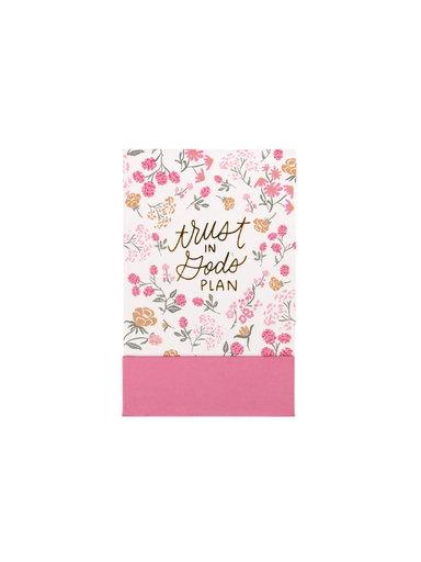 A floral planner or journal cover with the words 'trust in God's plan' in gold script, featuring pink and orange flowers on a white background with a solid pink band at the bottom.