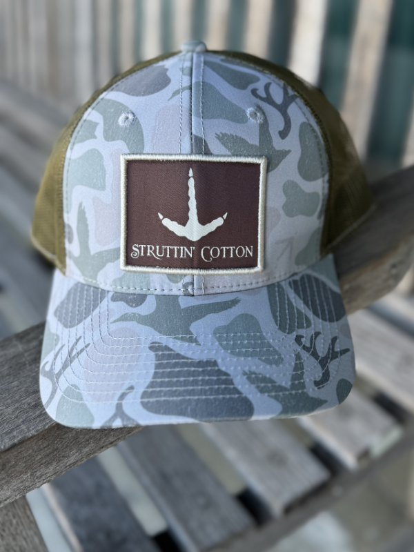 camo trucker hat with turkey tracks