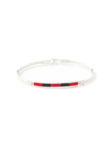 Silver wire beaded bracelet with red and black center beads by Ronaldo, a timeless piece that can be worn for years to come