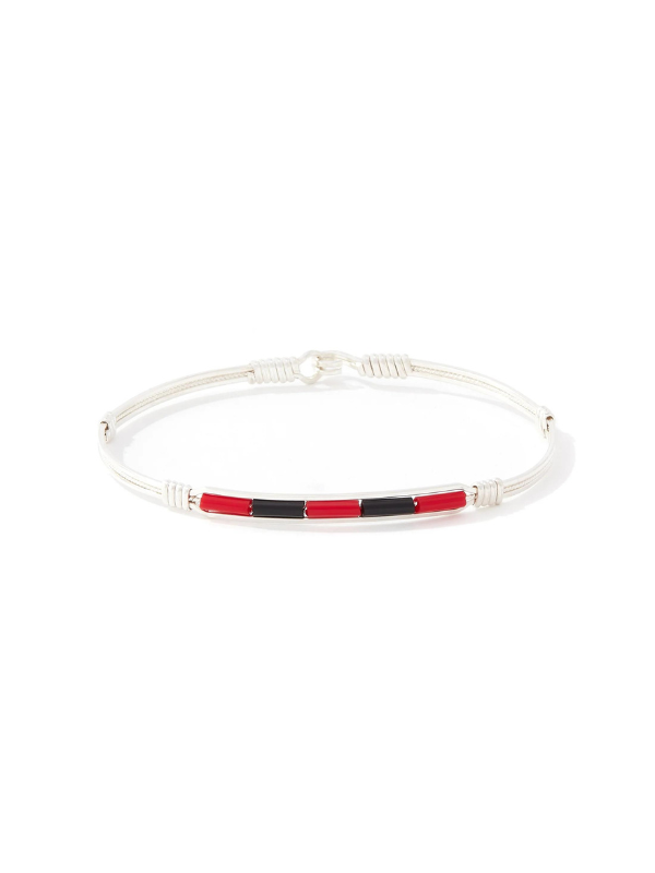 Silver wire beaded bracelet with red and black center beads by Ronaldo, a timeless piece that can be worn for years to come