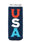 Navy blue can cooler with 'USA' in red, white, and blue on a white background