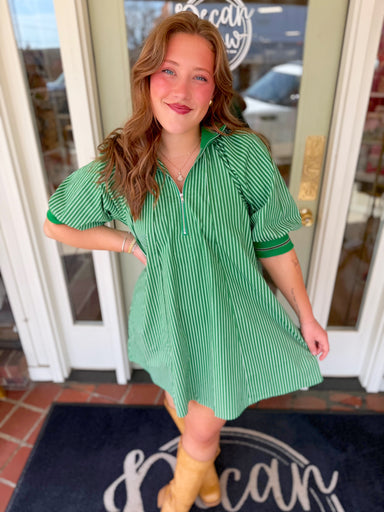 Green striped mini dress with front zipper