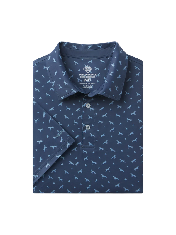 blue polo with light blue pointer dogs on it 