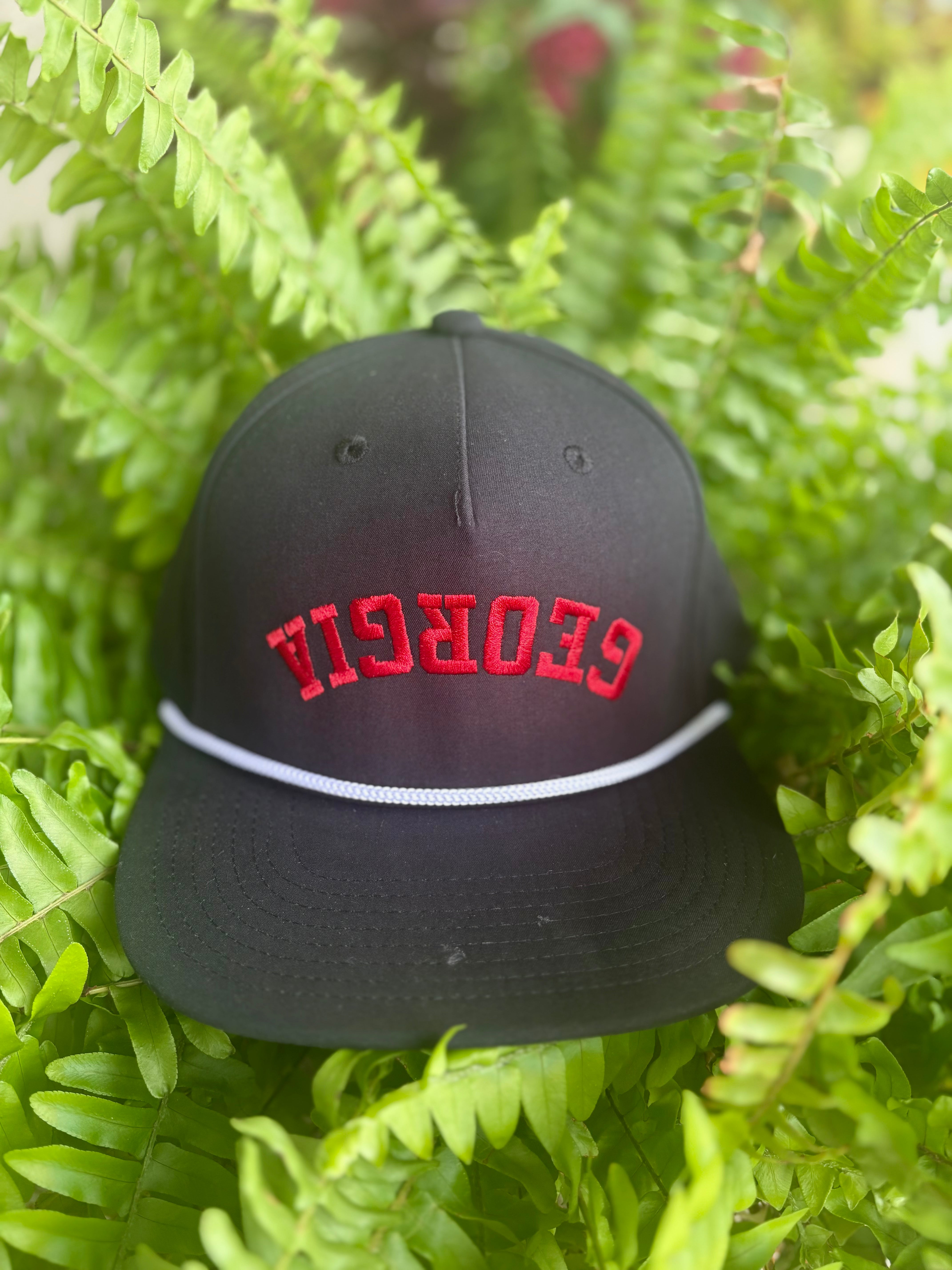 Upside Down Script Georgia Hat with Red Lettering and white rope detail 