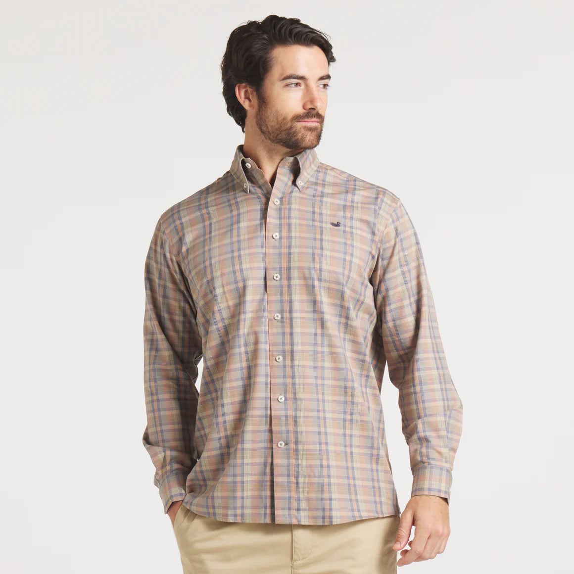 Benton Grid Dress Shirt in Burnt Taupe by Southern Marsh