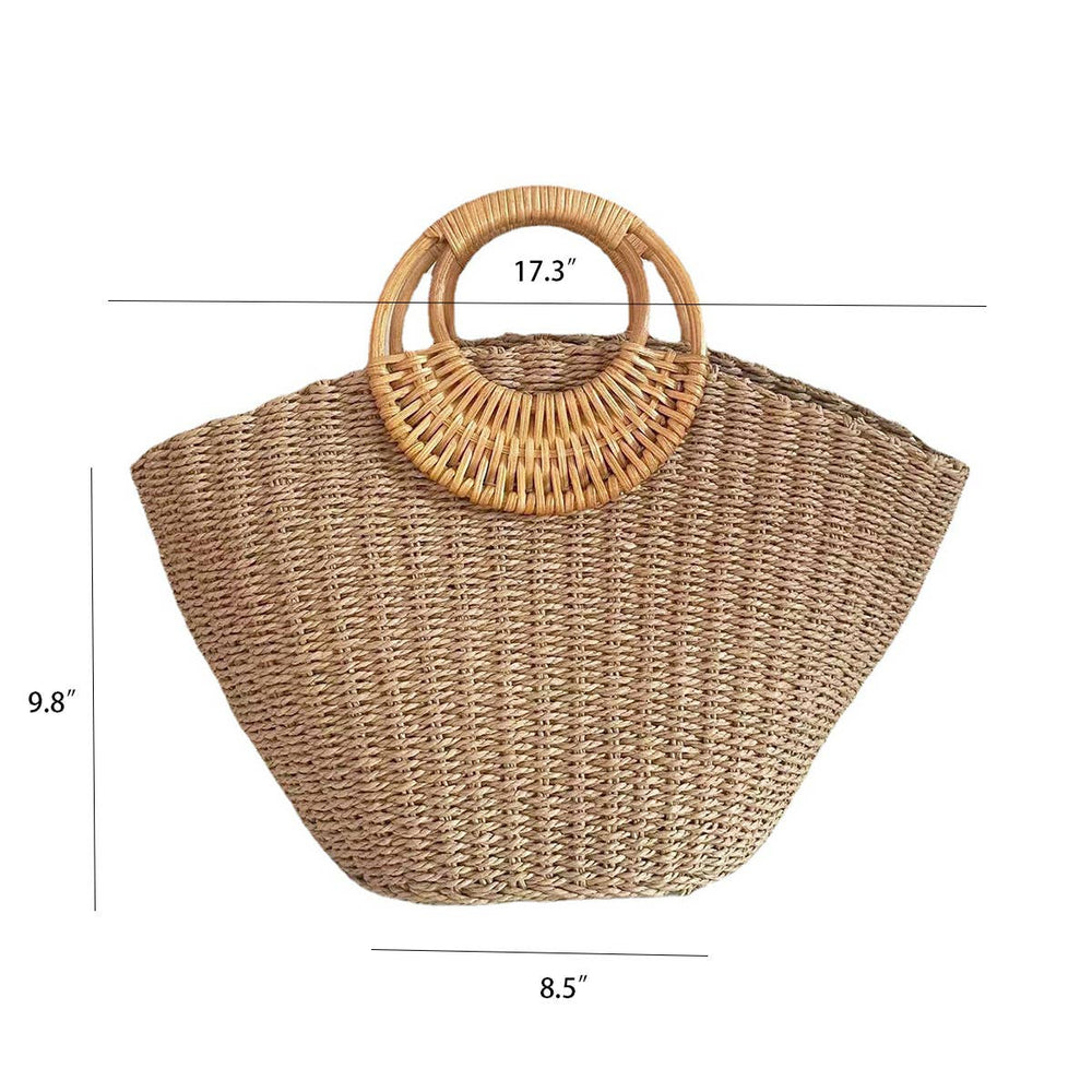 Woven handbag with wooden handle and dimensions 