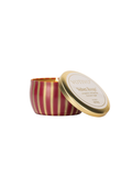 maroon and gold striped Velvet Rouge Holiday Tin Candle