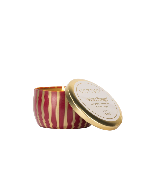 maroon and gold striped Velvet Rouge Holiday Tin Candle