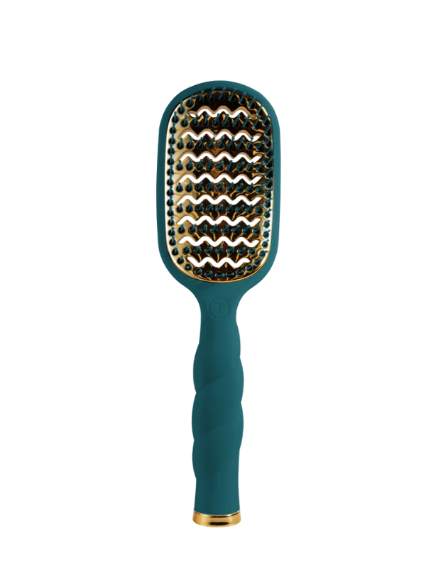 A paddle hairbrush with a textured teal handle and a metallic gold and teal bristle head