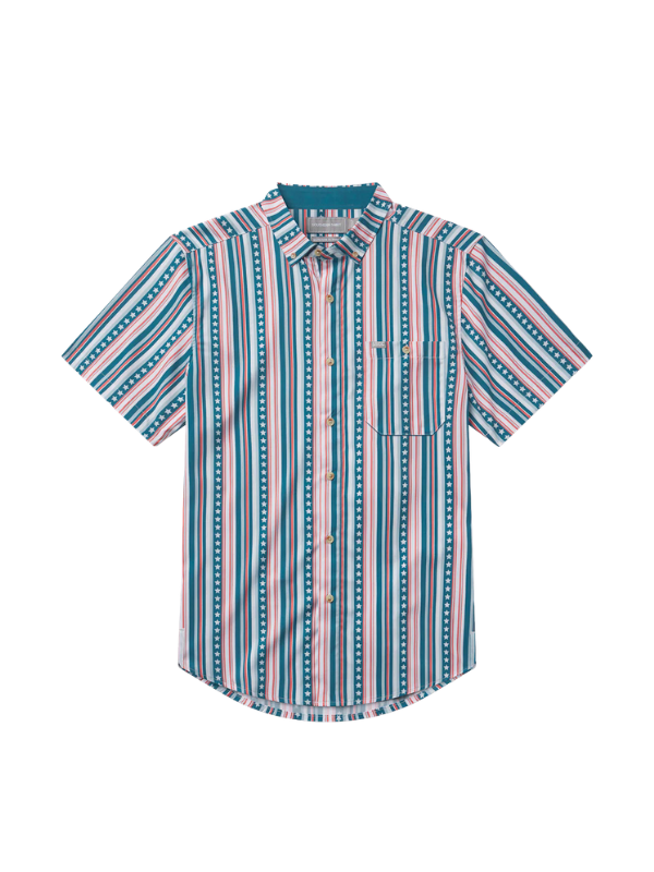 red white and blue striped button down short sleeve with stars