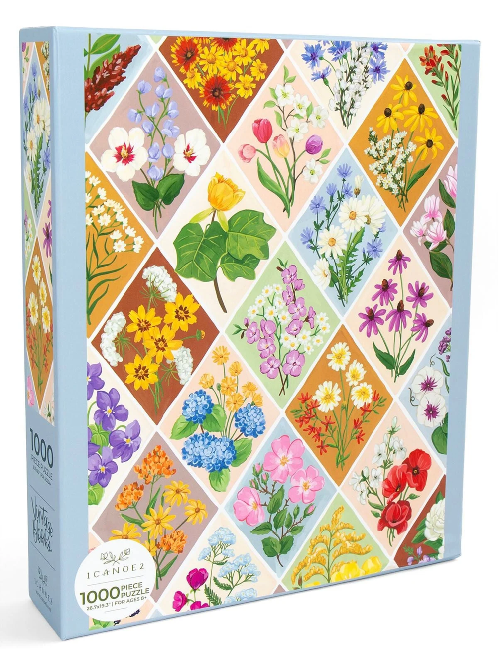 Vintage Blooms 1000-piece puzzle by 1canoe2 featuring colorful hand-painted floral designs in a patchwork pattern, shown assembled and in box.