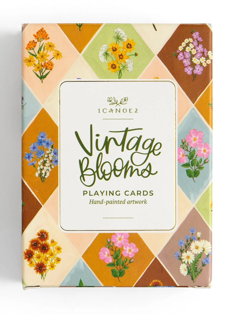 Vintage Blooms playing cards by 1canoe2 featuring colorful hand-painted floral designs on packaging and cards.