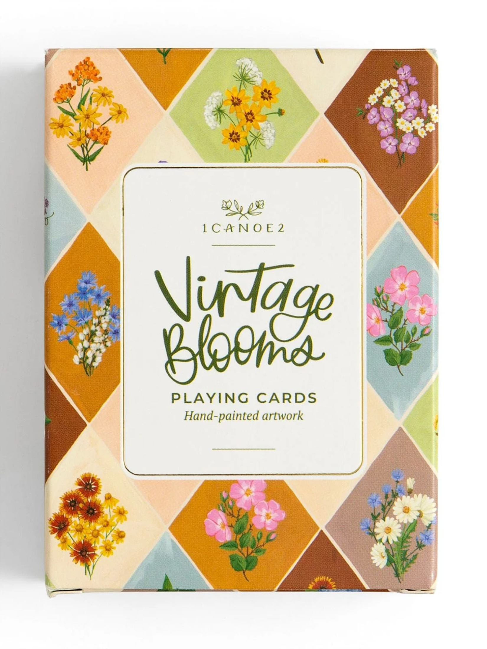 Vintage Blooms playing cards by 1canoe2 featuring colorful hand-painted floral designs on packaging and cards.