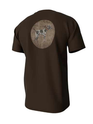 Brown pocket tee with a pointer dog in a circle on the back 