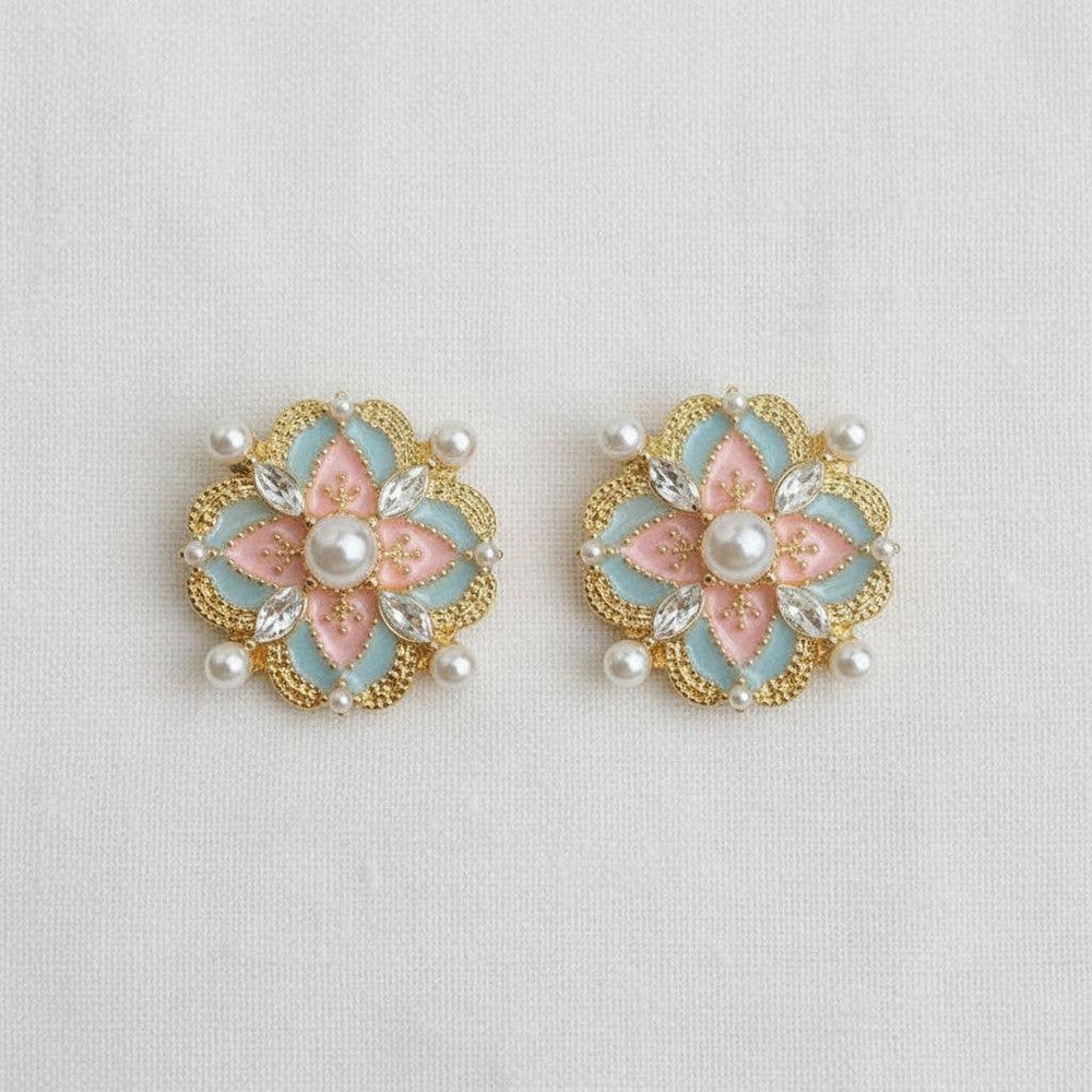 Floral vintage palace style pink blue gold pearl stud earrings